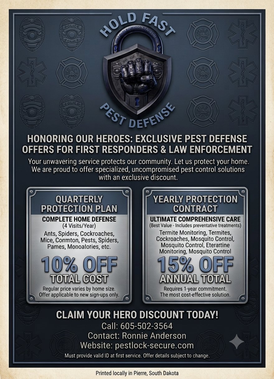 HoldFast Pest Defense flyer — exclusive offers for first responders and law enforcement